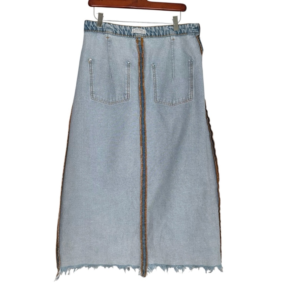 ZARA Premium Denim Light Wash Midi Skirt Raw Hem Front Slit Size L - Picture 11 of 16